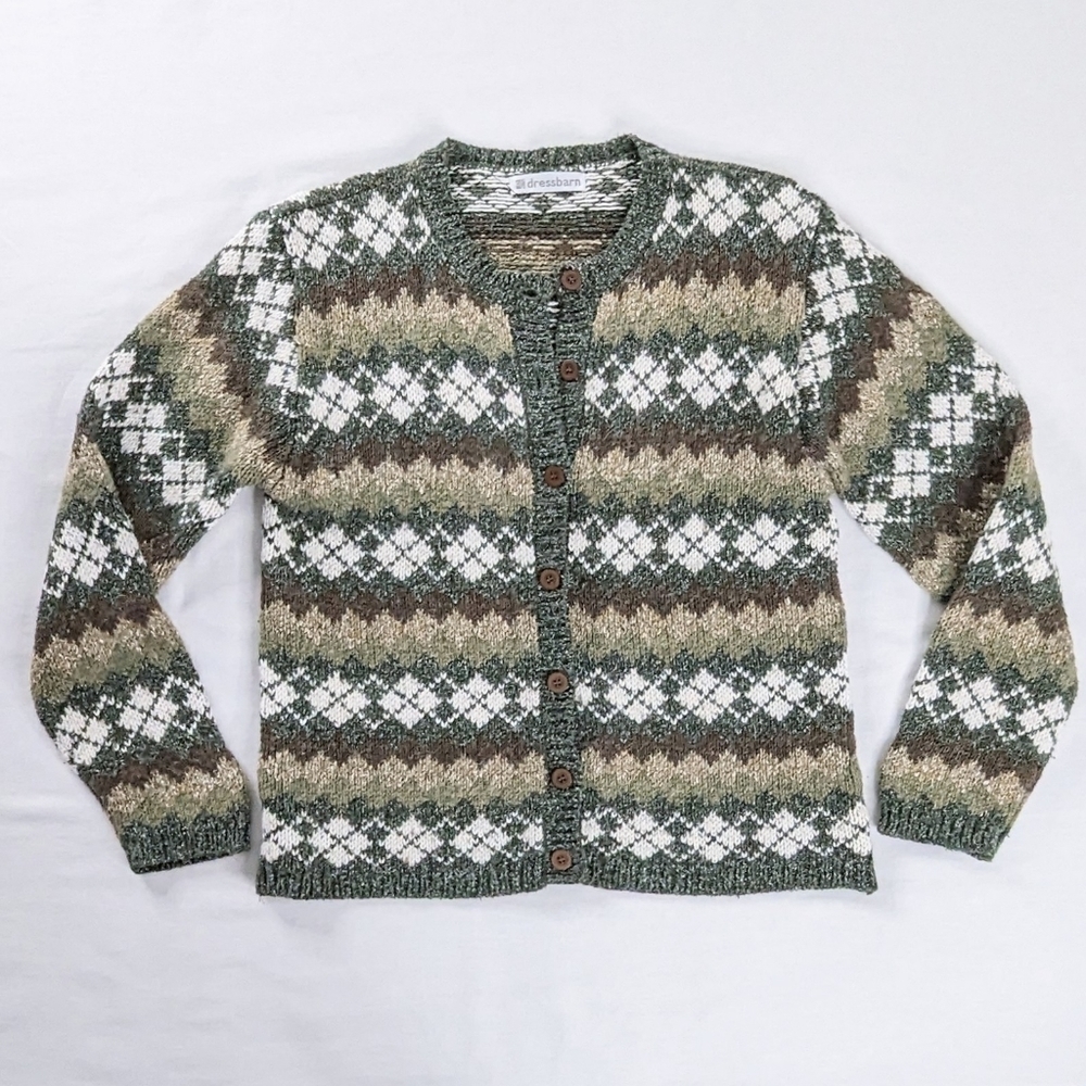 VTG Green Brown Wool Chunky Knit Argyle Button Up Cardigan Sweater Academia - Picture 7 of 7